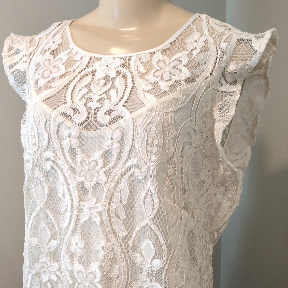 White House Black Market Off-White Cream Lace Short Sleeve Layered Top Size 14